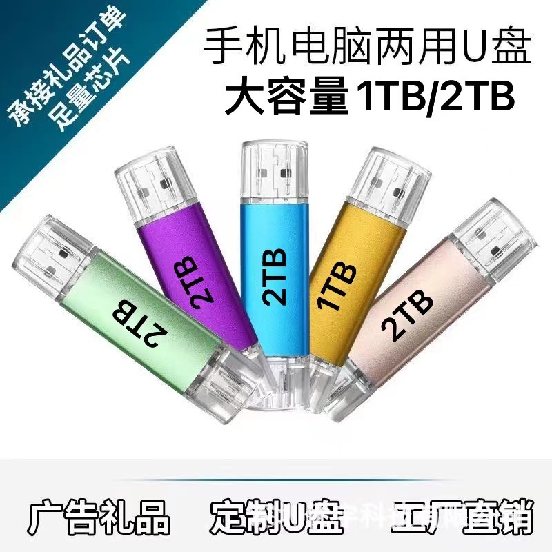 Large-capacity USB flash drive for foreign trade and cross-border e-commerce (1TB/2TB), compatible with Android phones and computers, OTG multi-functional USB flash drive (64GB, 32GB, 16GB).