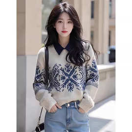 杏色提花毛衣女秋冬2025新款法式复古小香风叠穿肌理感针织衫上衣