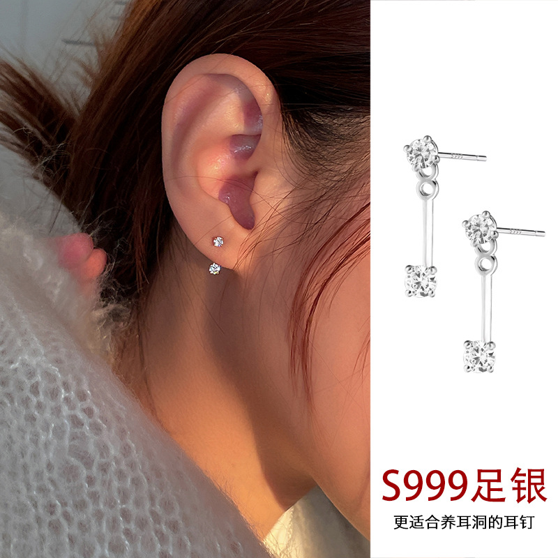 999純銀精緻鋯石後掛兩戴小耳釘簡單輕奢高級感時尚迷你耳飾品女
