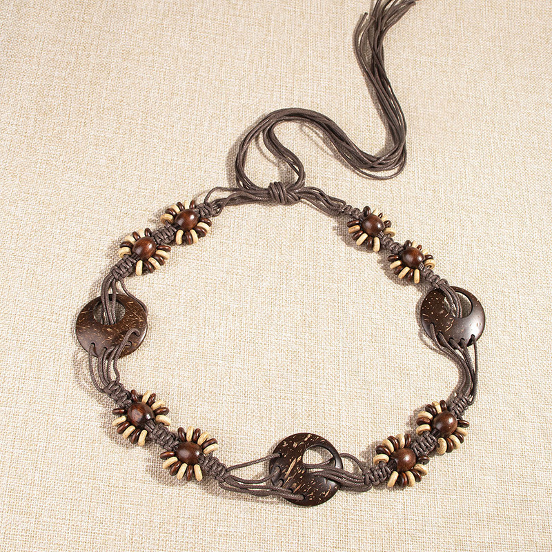 Bohemian Style Belt Coconut Shell Wooden Beads Handmade Woven Natural Holiday Style Wax Rope Women's Belt Ethnic Style Waist Rope