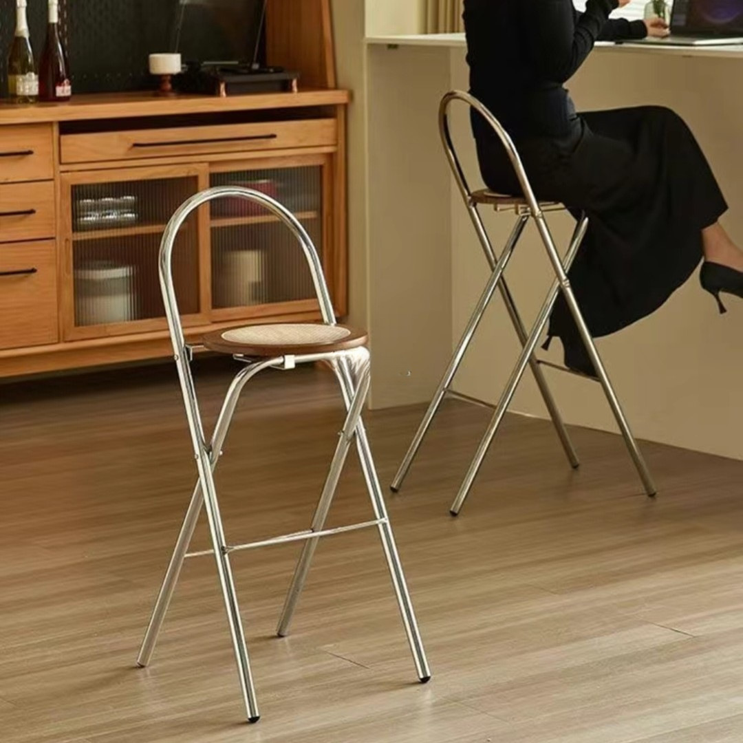 Foldable High Stool Home Dining Chair Stackable Small Apartment Simple Medieval High Chair Rattan Bar Chair Bar Chair
