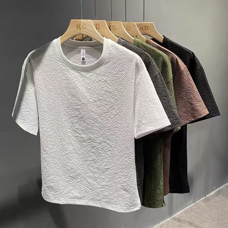 Summer Seersucker High-Quality Textured Sleeveless Round-Neck Men's Short-Sleeve T-Shirt, Thin Slim-Fit Top, Half-Sleeve Undershirt