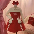 现货 日系秋冬女童可爱小兔子蝴蝶结蕾丝娃娃领红色连衣裙公主裙