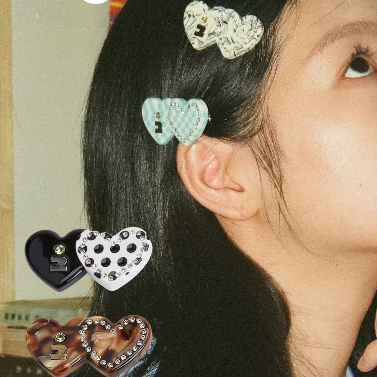 Tagi. Heart-Shaped Diamond Multi-Color Splicing Cute Hairpin Acrylic Bangs Hair Clip with Steel Stamp