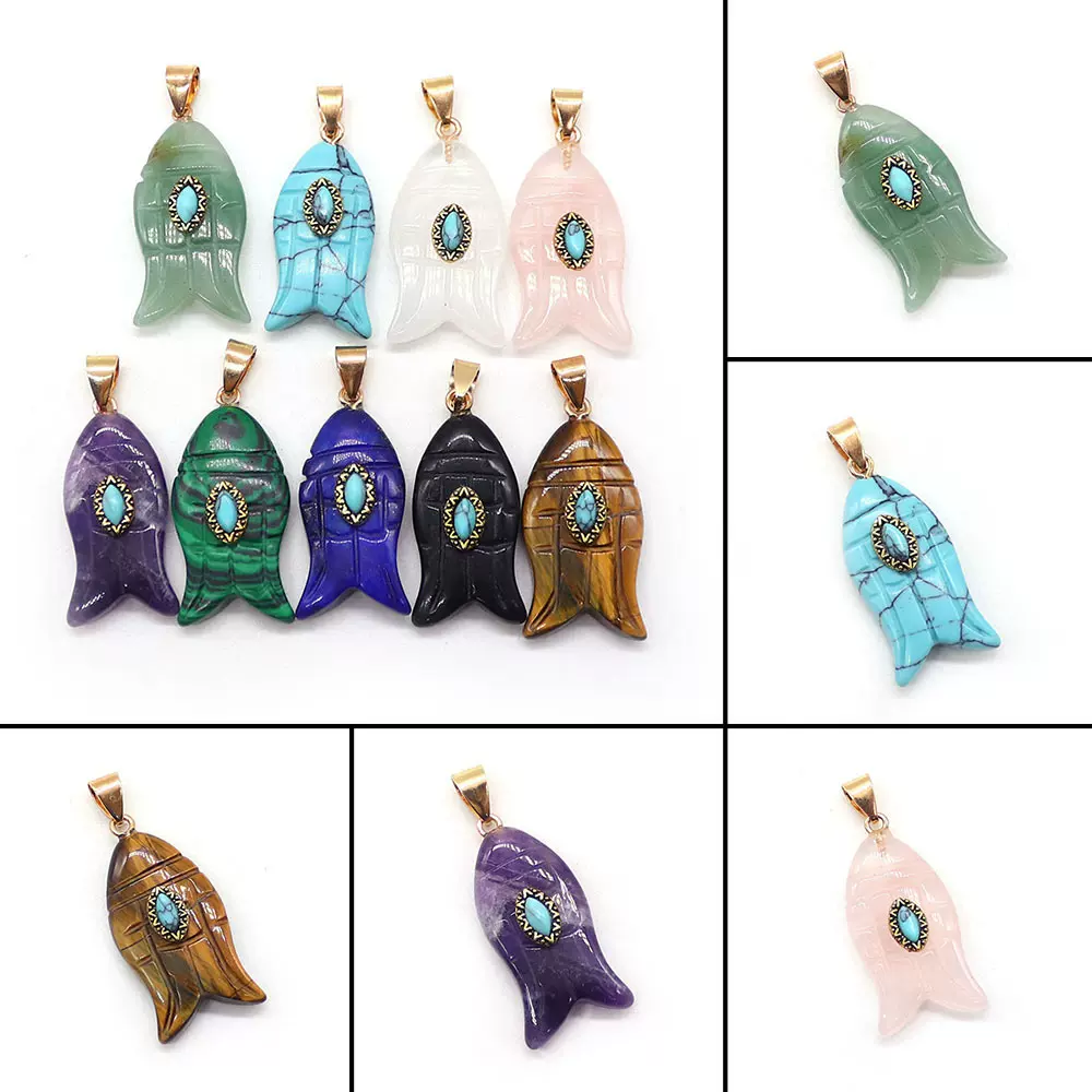 亚马逊热卖天然石雕刻小鱼形坠子虎眼石镶嵌松石吊坠 DIY饰品配件