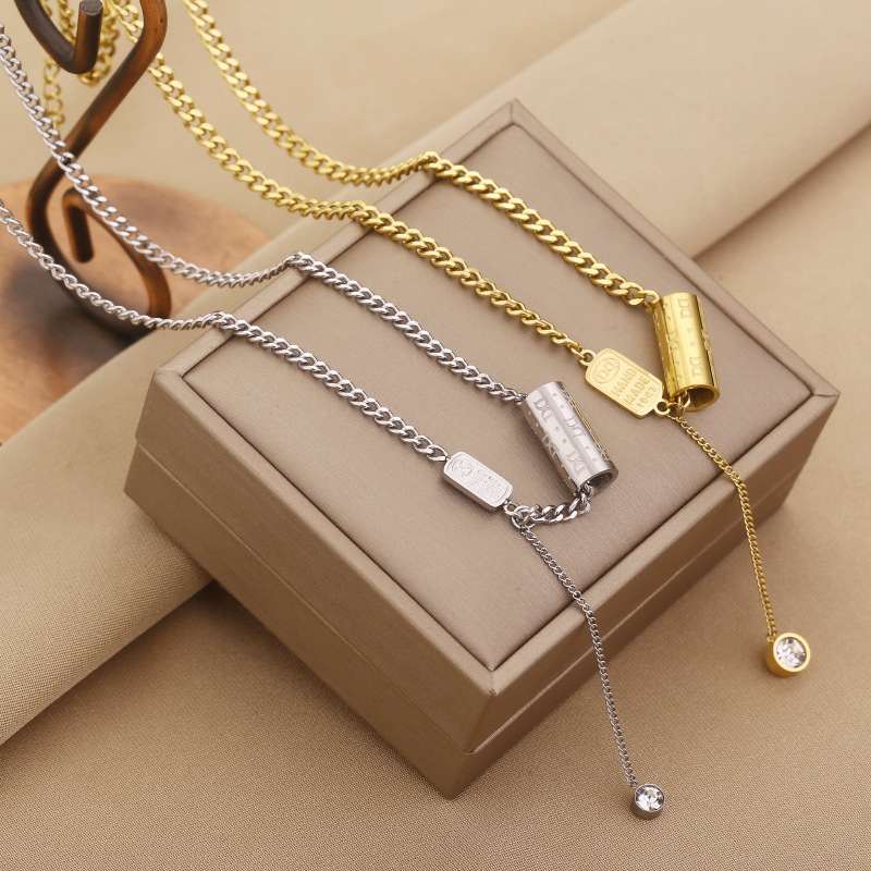 Inlay Design Fashion Style Fashion Letter Titanium Steel Inlay Rhinestones Necklace