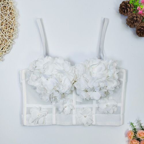 Lace mesh fishbone suspender short style flower vest with breast pad for outer wear bottoming breast-wrapped French beaded top