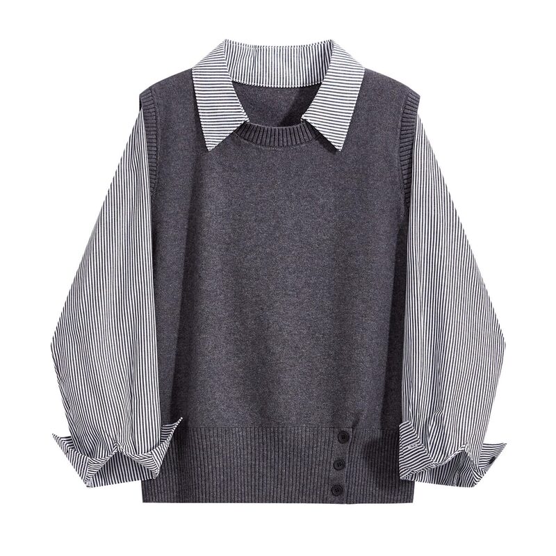2026 early autumn new style knitted vest layered with striped long-sleeve shirt for women, featuring a youthful waist-cinching design and a faux two-piece top 2026 early autumn new style knitted vest layered with striped long-sleeve shirt for women, featuring a youthful waist-cinching design and a faux two-piece top