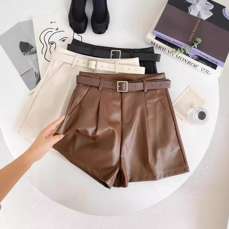 Autumn 2025 New High Waist All-match PU Leather Shorts Korean Casual Fashion Solid Color All-match Hip Covering Wide Leg Pants