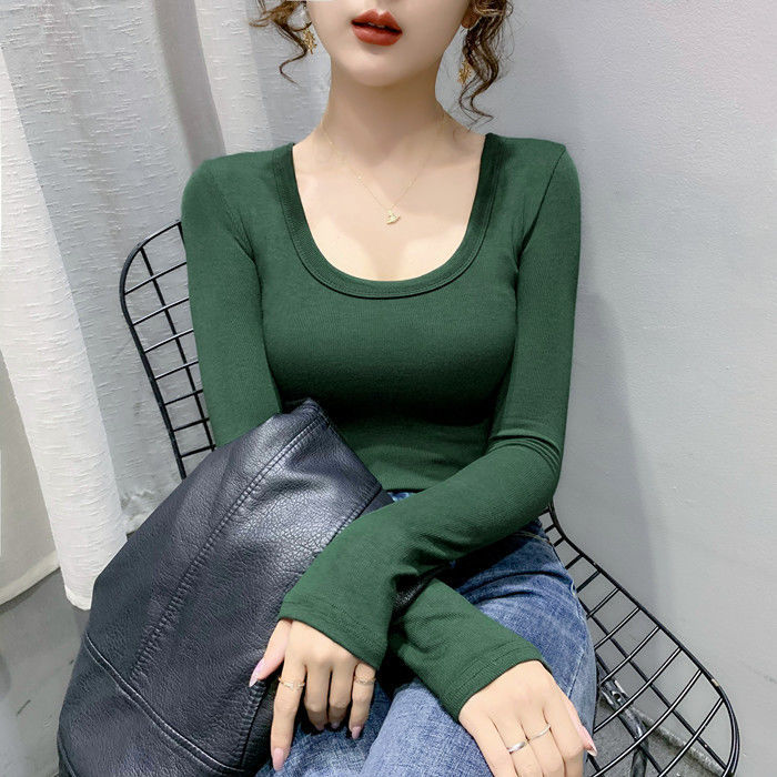 【メーカー直販】ネジベースの女性長袖の純色の中にガードルと春秋タイプの修身uネックtシャツを合わせます。