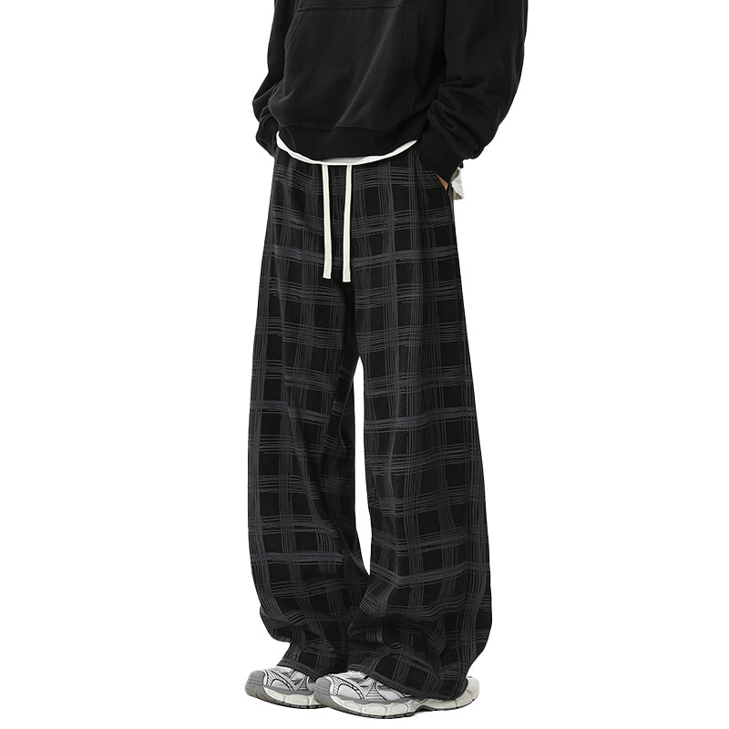 -style American Plaid Casual Pants For Men, Autumn Trendy Corduroy Loose-fit Plus-size Straight Wide-leg Trousers_voghion.com