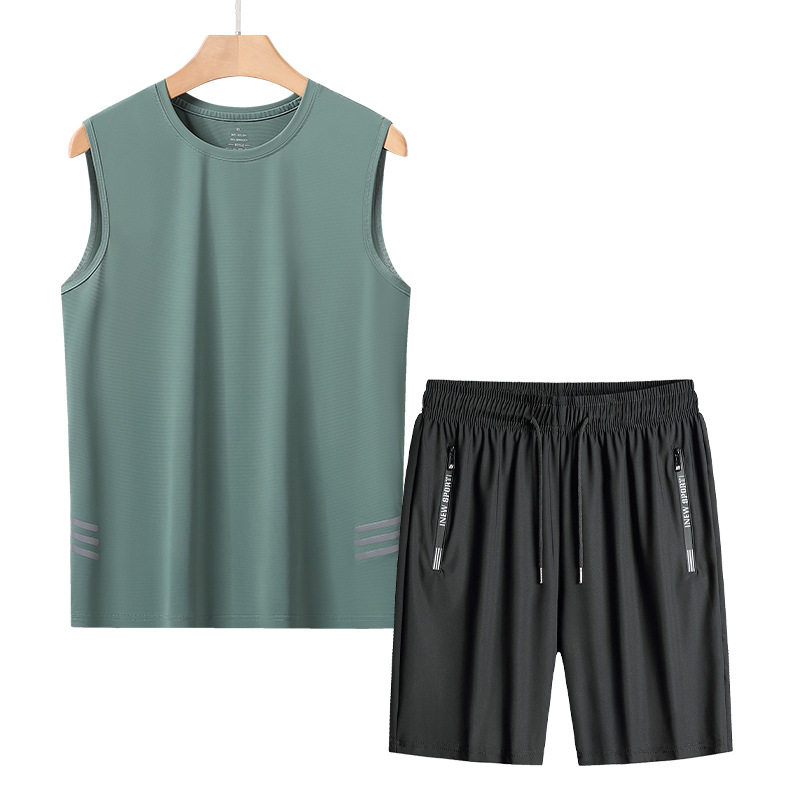 Traje de chaleco de seda de hielo de talla extra grande para hombres, chaleco deportivo fino de mediana edad y ancianos, traje de dos piezas suelto de verano para papá