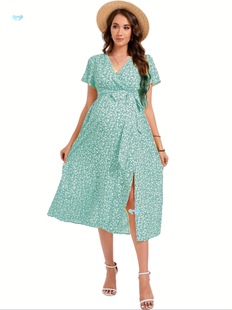 Women's Elegant Maternity Nursing Dress V Neck Short Sleeve