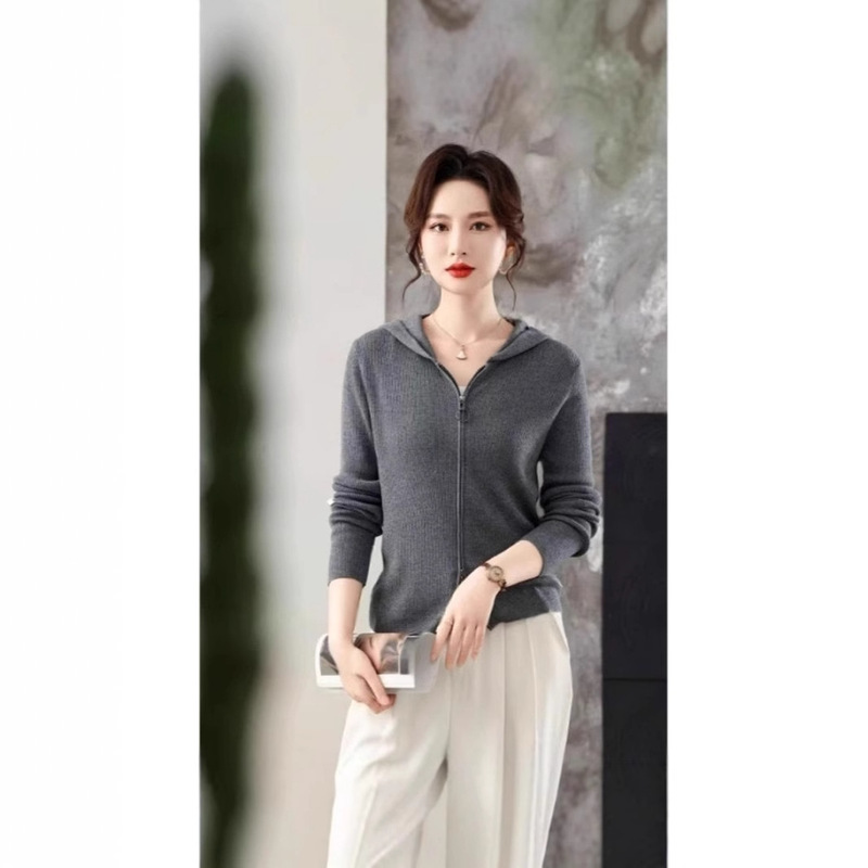 New Women's Ol Style French Elegant Solid Color Cardigan Jacket High-End Niche Fashion Hooded Top