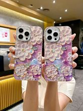 高级紫色油画山茶花适用iPhone15pro手机壳苹果13新款12女14韩 11