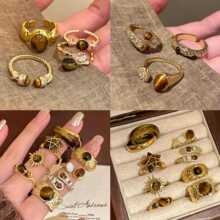 复古美拉德几何虎眼石串珠戒指小众高级感食指戒时尚个性简约手饰