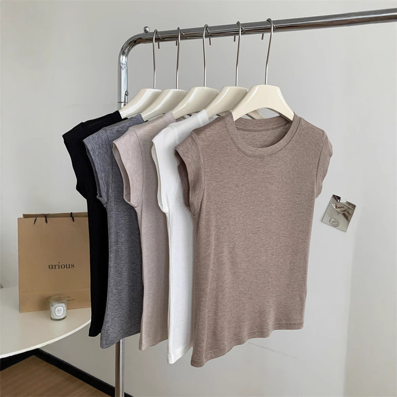 210g Rayon Back Collar Flying Sleeve T-Shirt Women's Summer Breathable Top Right Shoulder Inner Short-Sleeved T-Shirt Cross-Border