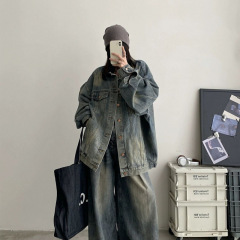 大码春秋款复古做旧重工洗水牛仔外套女宽松百搭夹克上衣