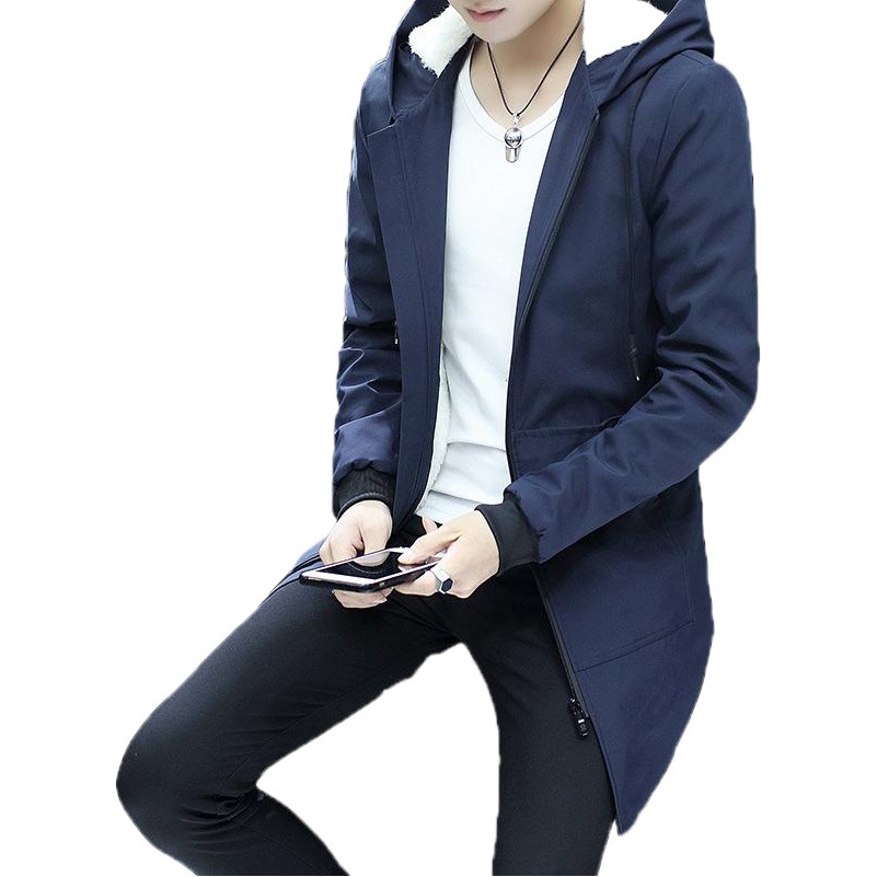 Invierno de los nuevos hombres de longitud media cazadora con capucha de los hombres de estilo coreano juvenil casual forrado de lana engrosada chaqueta ropa de abrigo de los hombres