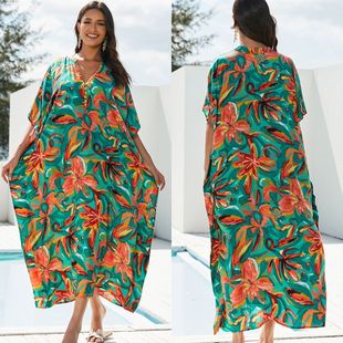 2024 cross-border European and American rayon green orange printed beach blouse loose robe button sunscreen bikini blouse