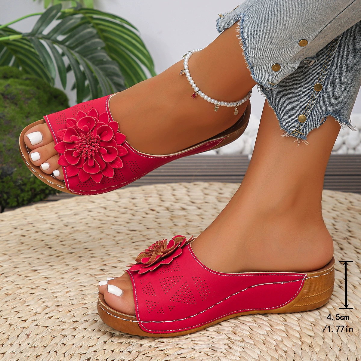 Женские летние шлепанцы больших размеров с цветочным принтом, на танкетке, с толстой подошвой, 2025, новинка сезона