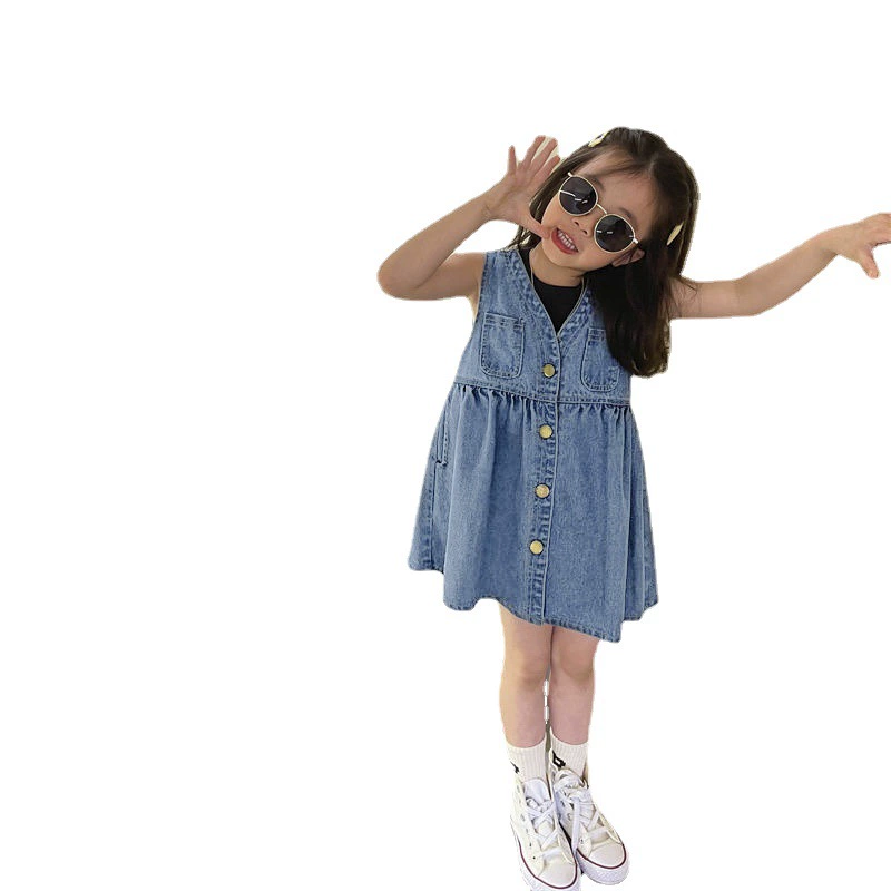 Set, sleevless dress, skirt, summer clothing, children's summer denim summer dress, western style