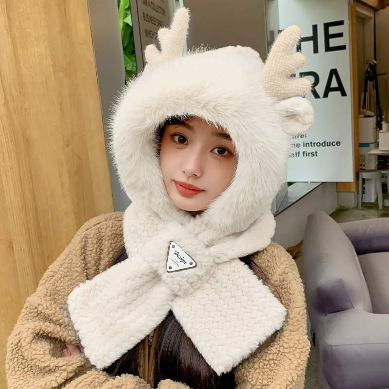 新款圣诞鹿角帽子围巾一体女可爱百搭加绒手套加厚保暖围脖三件套|undefined