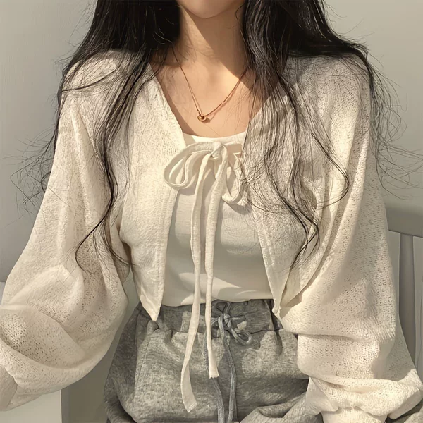 Cross-border Factory Thai Lantern Sleeve Thin Cardigan Shawl Summer Sun Protection Shirt Versatile Strappy Outwear Women's Air-conditioning Shirt