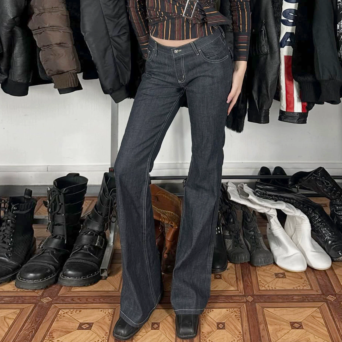 Распродажа по низким ценам # Джинсы с низкой посадкой, прямые, облегающие, в американском ретро-стиле, простые, базовые, повседневные брюки для стильных девушек