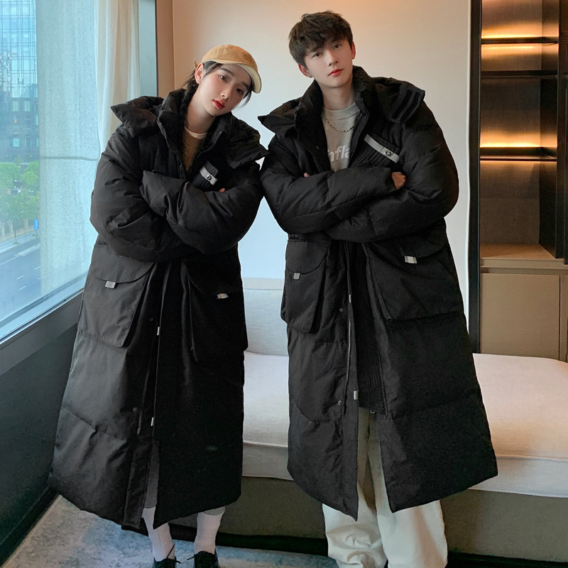 2025 Long Couple Korean Style down Jacket Fashionable Casual Student Uniform Men's Versatile Hooded down Jacket