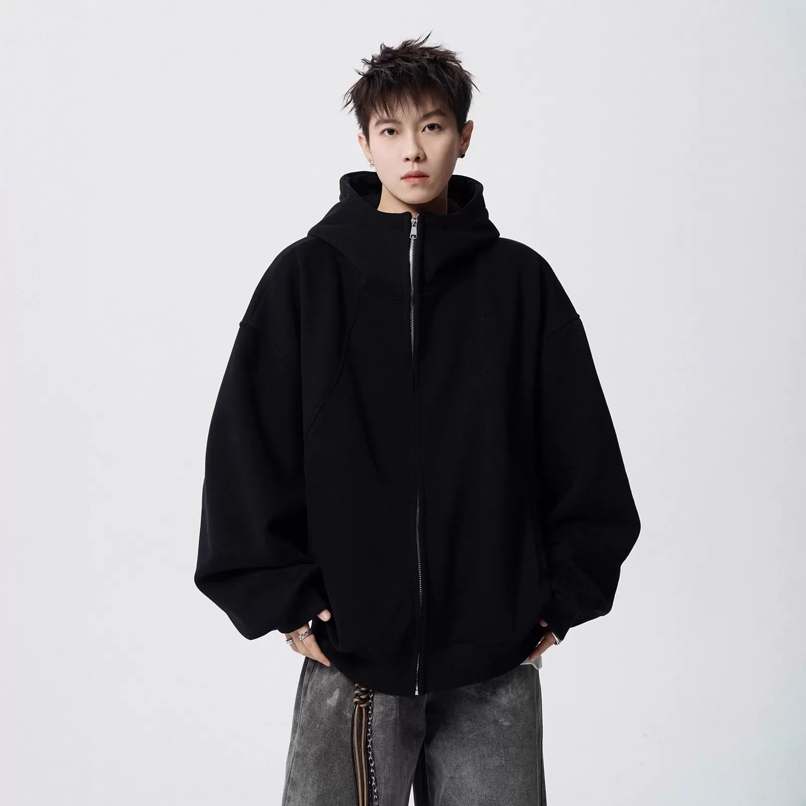 美式重磅拉链外套男秋冬潮牌设计感连帽卫衣高街日韩百搭情侣帽衫