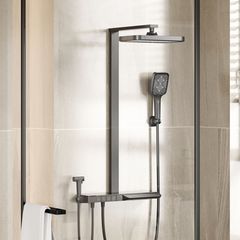 Fine copper gun gray PVD digital display constant temperature shower set Bathroom piano button extra long storage panel shower set