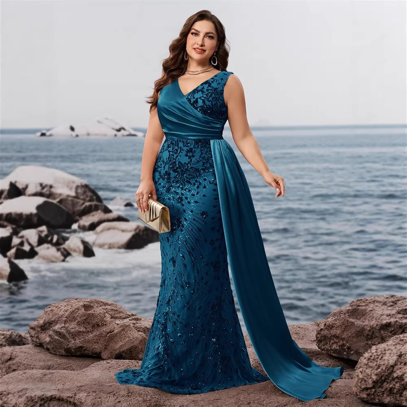 Plus Size Fat Woman European and American Elegant Sequin Splicing Fitted V Neck Short-Sleeved Cocktail Party Dinner Dress Bridesmaid Dress Plus Size Fat Woman European and American Elegant Sequin Splicing Fitted V Neck Short-Sleeved Cocktail Party Dinner Dress Bridesmaid Dress
