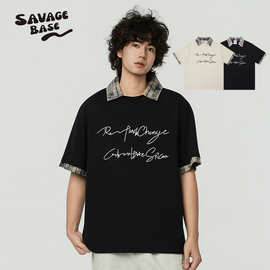 SAVAGEBASE 2026夏新美式潮牌字母锁链绣格纹拼接假两件翻领T恤男