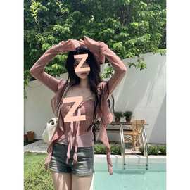 纯欲甜美蕾丝拼接花朵吊带背心套装女秋季长袖披肩罩衫上衣两件套