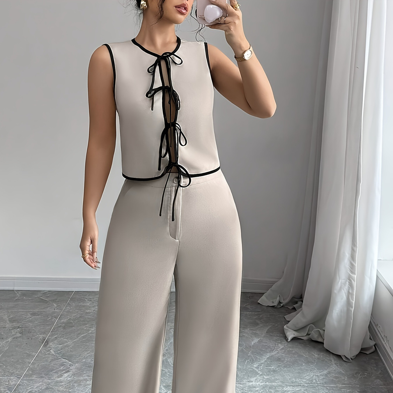Women's Clothing Contrast Color Bow Tie Shirt Beige Wide Leg Pants Suit_ecoleips.com