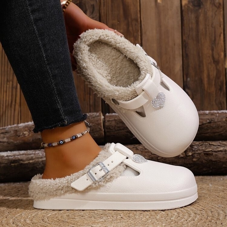 Thick-Soled Fleece-Lined Birkenstock-Style Home Cotton Slippers for Women, Mules, Warm Shoes, Maternity Shoes, Closed-Toe Slippers, Women's Snow Boots