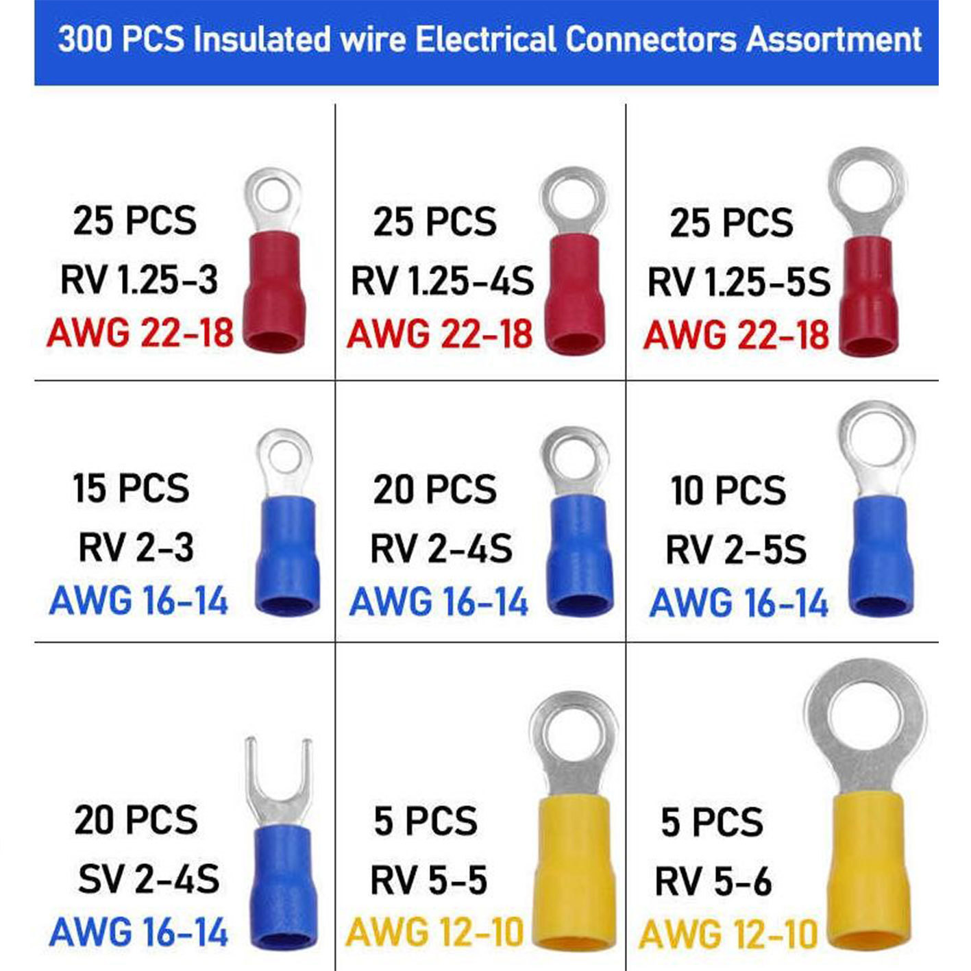 Terminales de Cable OT/UT Set de 300 Piezas Conexión en frío para Cableado de Automóvil
