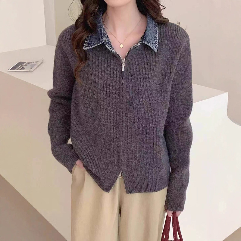 Autumn and Winter New Denim Splicing Collar Double-Ended Zipper Long-Sleeved Pure Color Knitted Cardigan Women's Casual Versatile Sweater Jacket