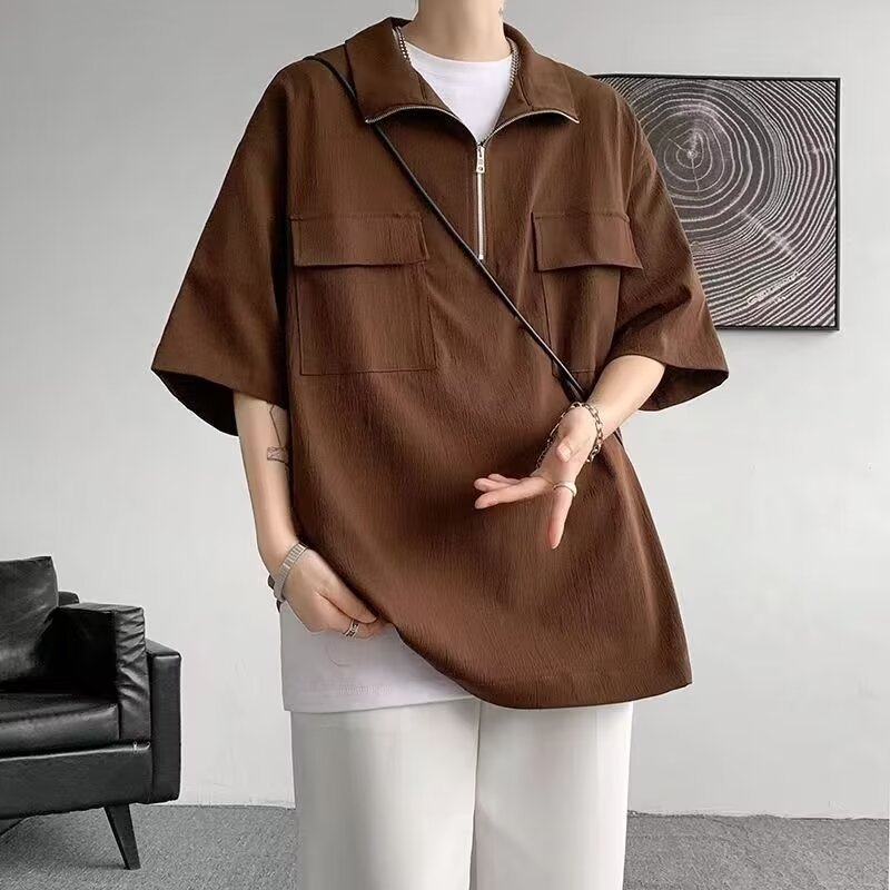 Verano con cuello plegable de verano medio cremallera camisa de manga corta hombre suelta camisa de color sólido de alto nivel polo camiseta