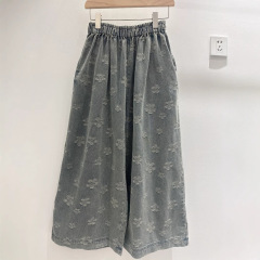 日本系森系田園風満刺繍花水洗いワイドジーンズ