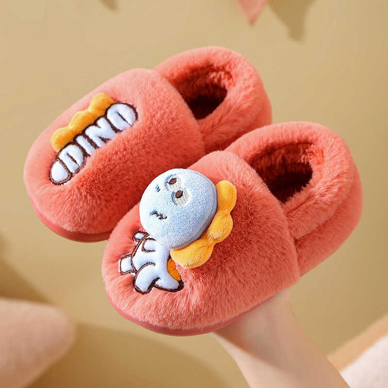 Zapatillas de piso de invierno para niños de dibujos animados de fondo suave casa lindo dinosaurio cálido peludo Grandes Medianas y pequeñas Zapatillas de algodón para bebés