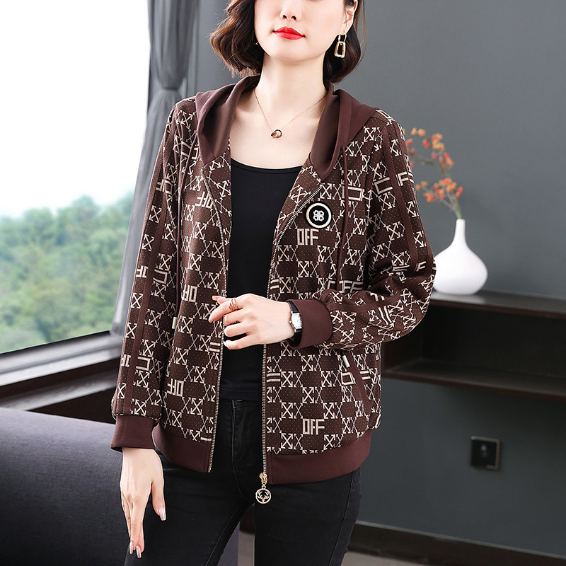 Women's Clothing Hooded jacket for women Spring and Autumn new large size loose stylish printed middle aged mother thickened short top_voghion.com