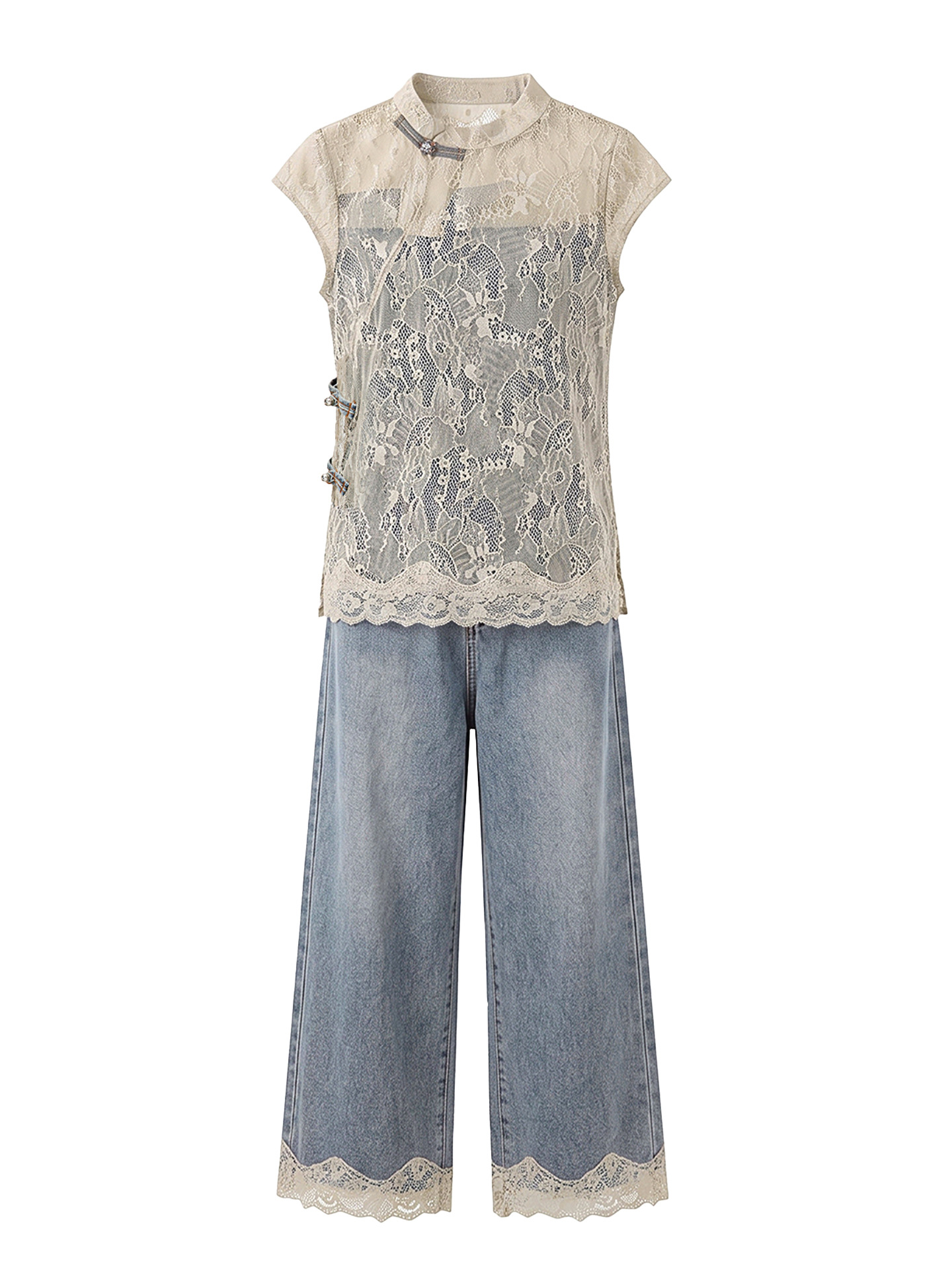 Bộ áo ren phối quần jeans nữ phong cách Trung Hoa mùa hè — màu kaki