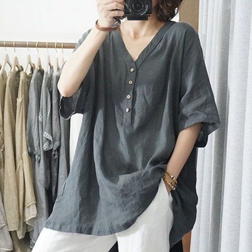 Art Deco Retro Loose Casual Commuting Personality V-neck Top Summer New Arrival Muscle Hiding Half Button Design Women