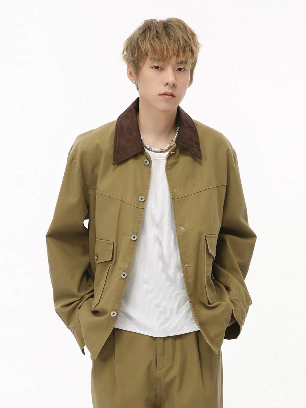 MTLCLOTHES Hombres| 2024 otoño nuevos productos de bolsillo japonés retro color contrastante chaqueta de trabajo conjunto de moda