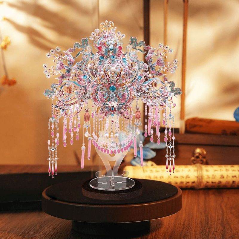 Gangda ピンクシルバー鳳凰の冠結婚式ファン金属組み立て装飾品立体パズル手作りギフトガールフレンドギフト|undefined