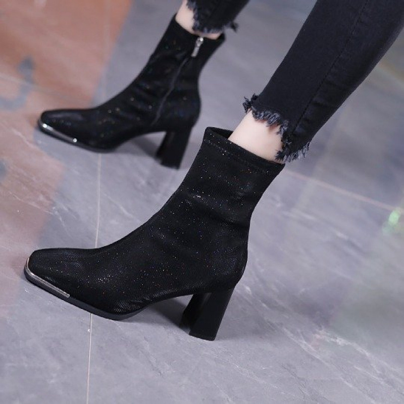 Black autumn universal fashionable low boots heels square toe with…