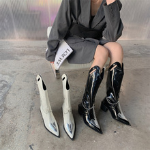 高筒靴女2021新款欧洲站金属链粗跟尖头骑士靴时尚个性长靴