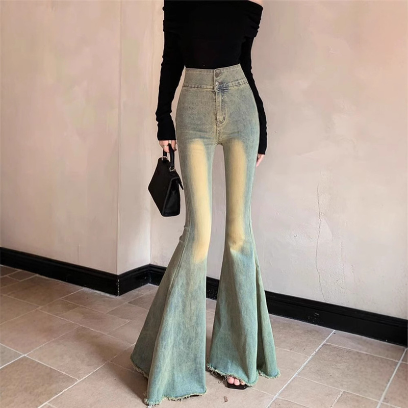 Vintage Washed Large Horn Jeans Women's High Waist Wide Leg Pants Casual Good-looking Fishtail Trousers Vintage Washed Large Horn Jeans Women's High Waist Wide Leg Pants Casual Good-looking Fishtail Trousers